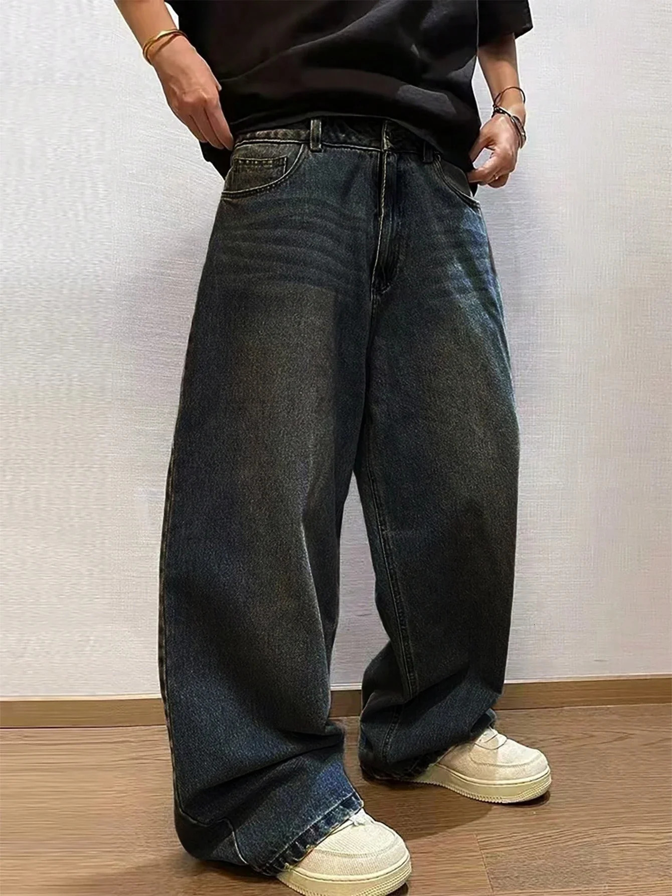 Pop 1Pc Mens Wide Pants Brushed Jeans Y2K Rocks Buggy Black HipHop Pants 250614