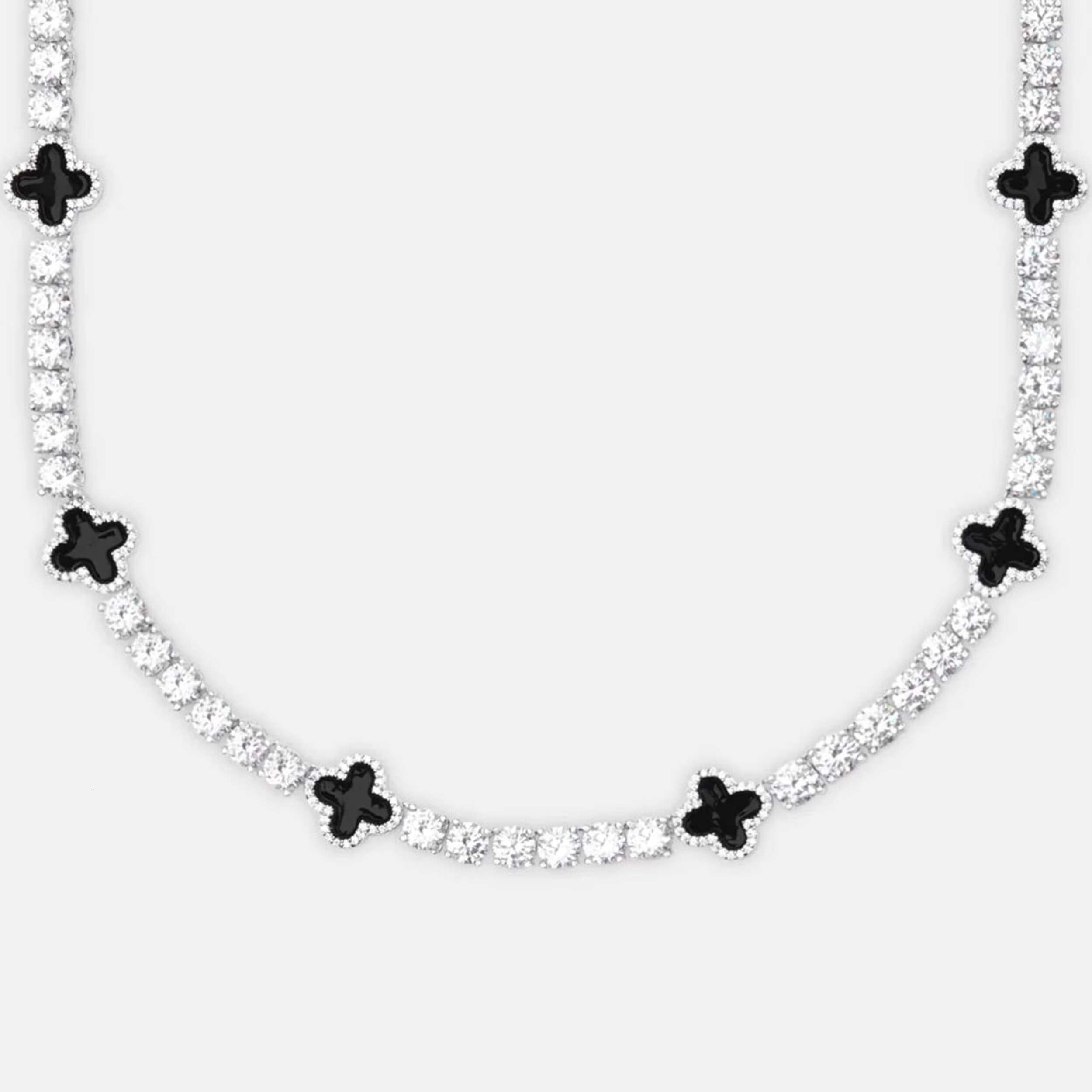 VVS Moissanite Tennis Chain with Black Agate Clover Leafs Iced Out Moissanite Necklace Officiant Gift Anniversary Gift