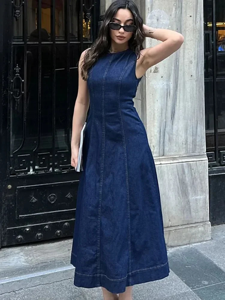 Casual Blue Denim Long Dress Lady 2025 Sleeveless A-line Vestido High Waist Loose Round Neck Streetwear Daily Women Fashion 250609
