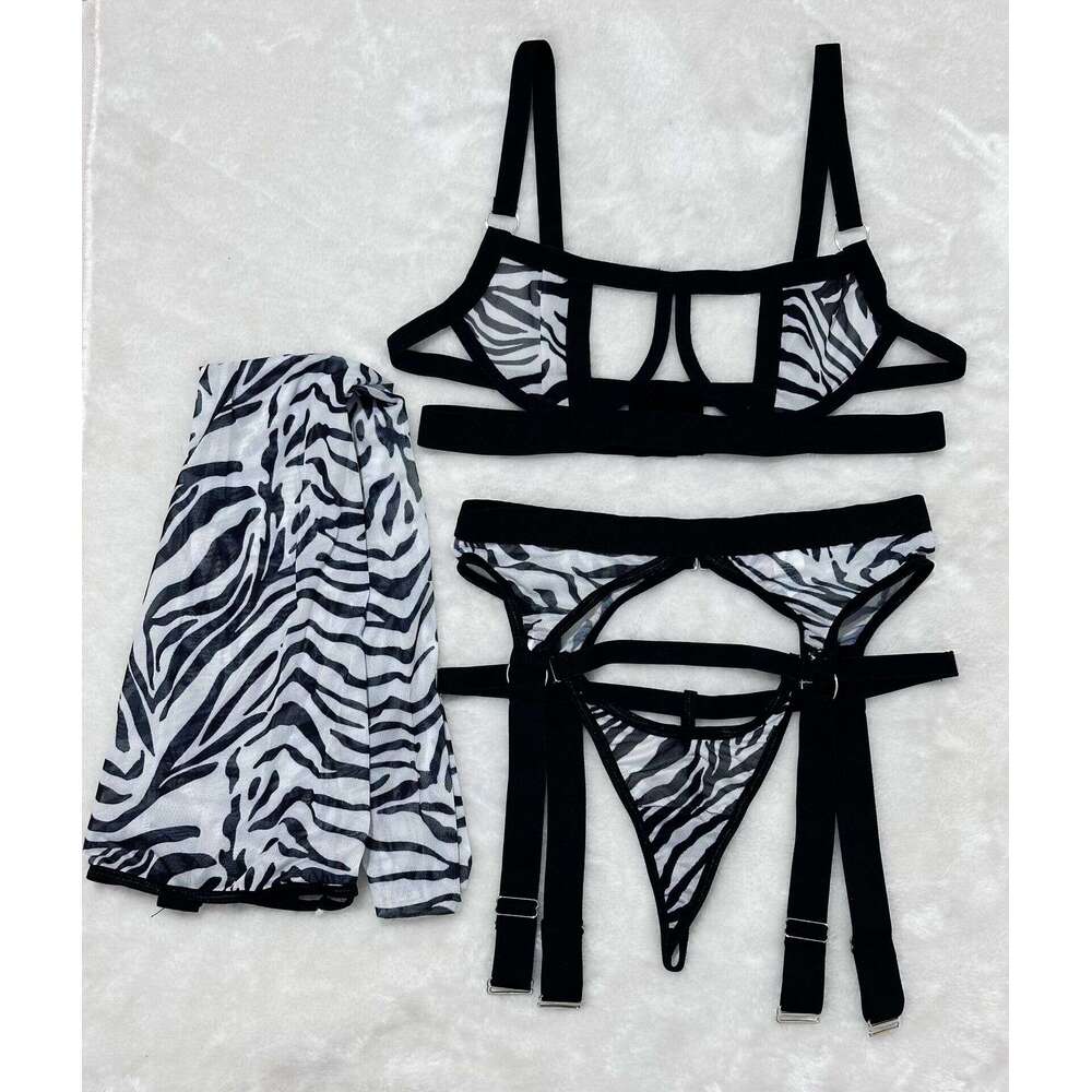 Spell Lingerie Porn Suits INS High End Wild Leopard Print Mesh Hollow Sexy Lingerie Four Piece Set With Long Stockings Sexy Lingerie