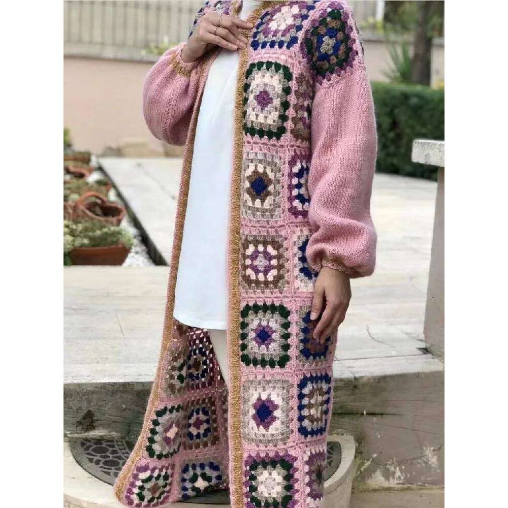 2022 BOHO Colored Plaid Flower Hand Crochet Cardigan Woman O neck Open ing Long Sweater Knitwear Holiday Jumper Gray