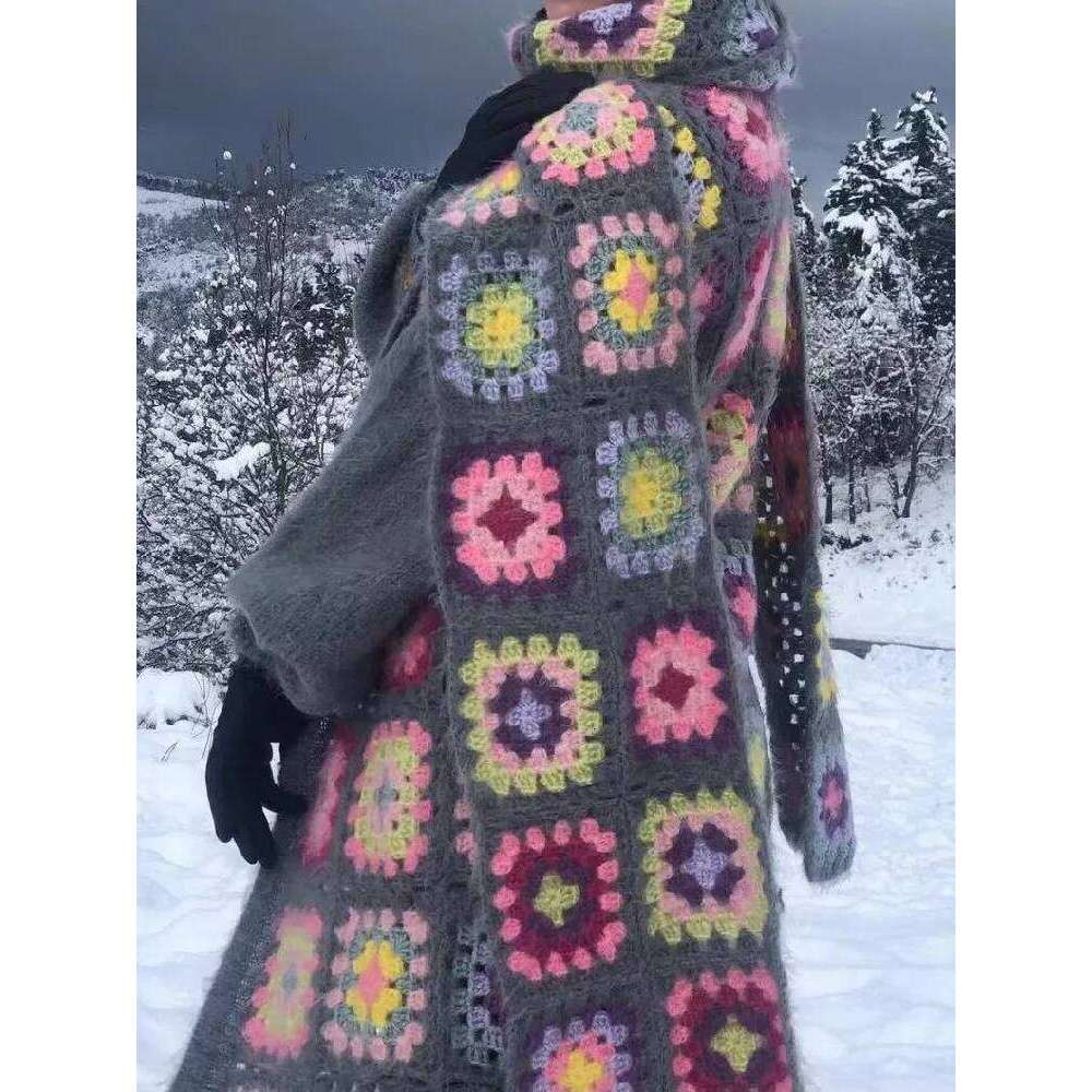 2022 BOHO Colored Plaid Flower Hand Crochet Cardigan Woman O neck Open ing Long Sweater Knitwear Holiday Jumper Gray