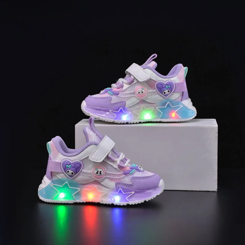 anrio Kawaii Kuromi My Melody Casual Sneakers Girl Cartoon Fashion Rotating Buckle Children Led Luminous Sports Shoes H260130