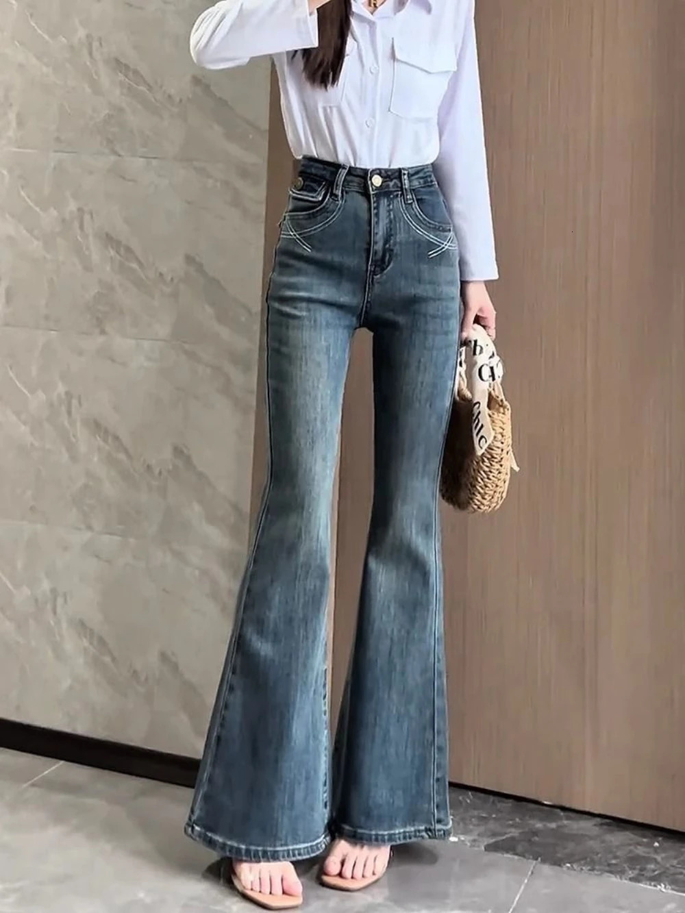 Aesthetic Fitted Woman Flare Jeans Retro Fashion Casual Slim Fit Denim Pants for Women In 2000s Y2k High Waist S Trousers 250612