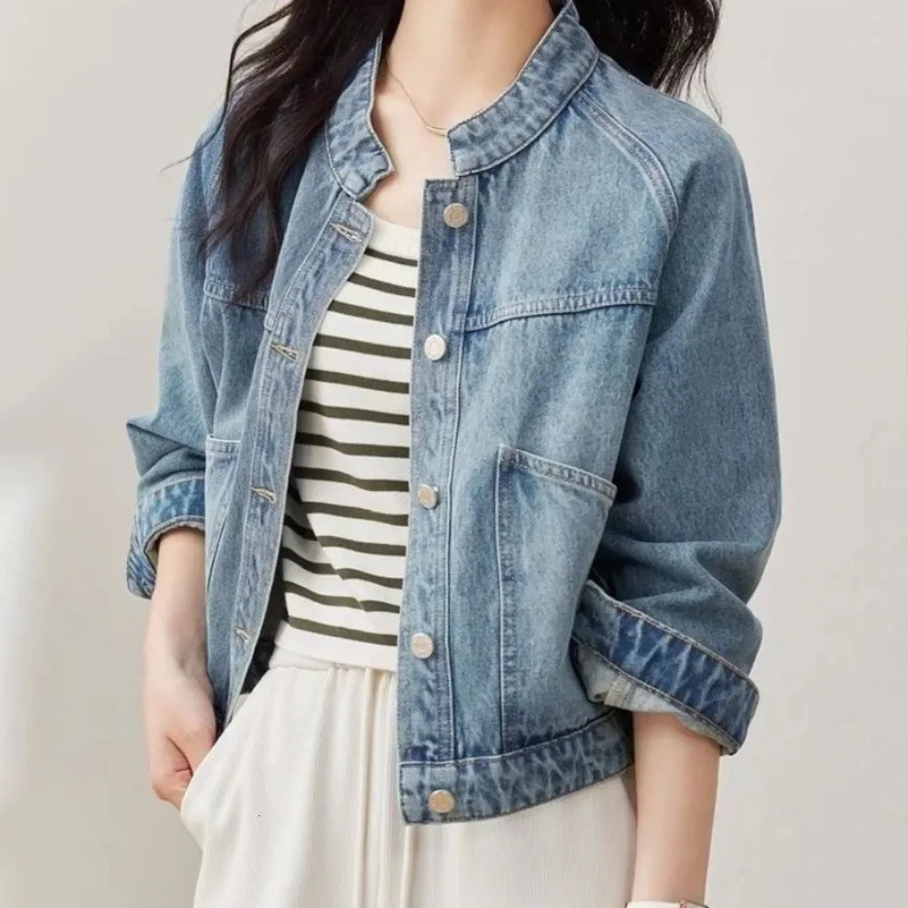 Bomber Denim Jacket for Women Plain Studded Stand Collar Cowboy Coat Woman Spring Autumn on Sale Trend Korean Outer Vintage 250609