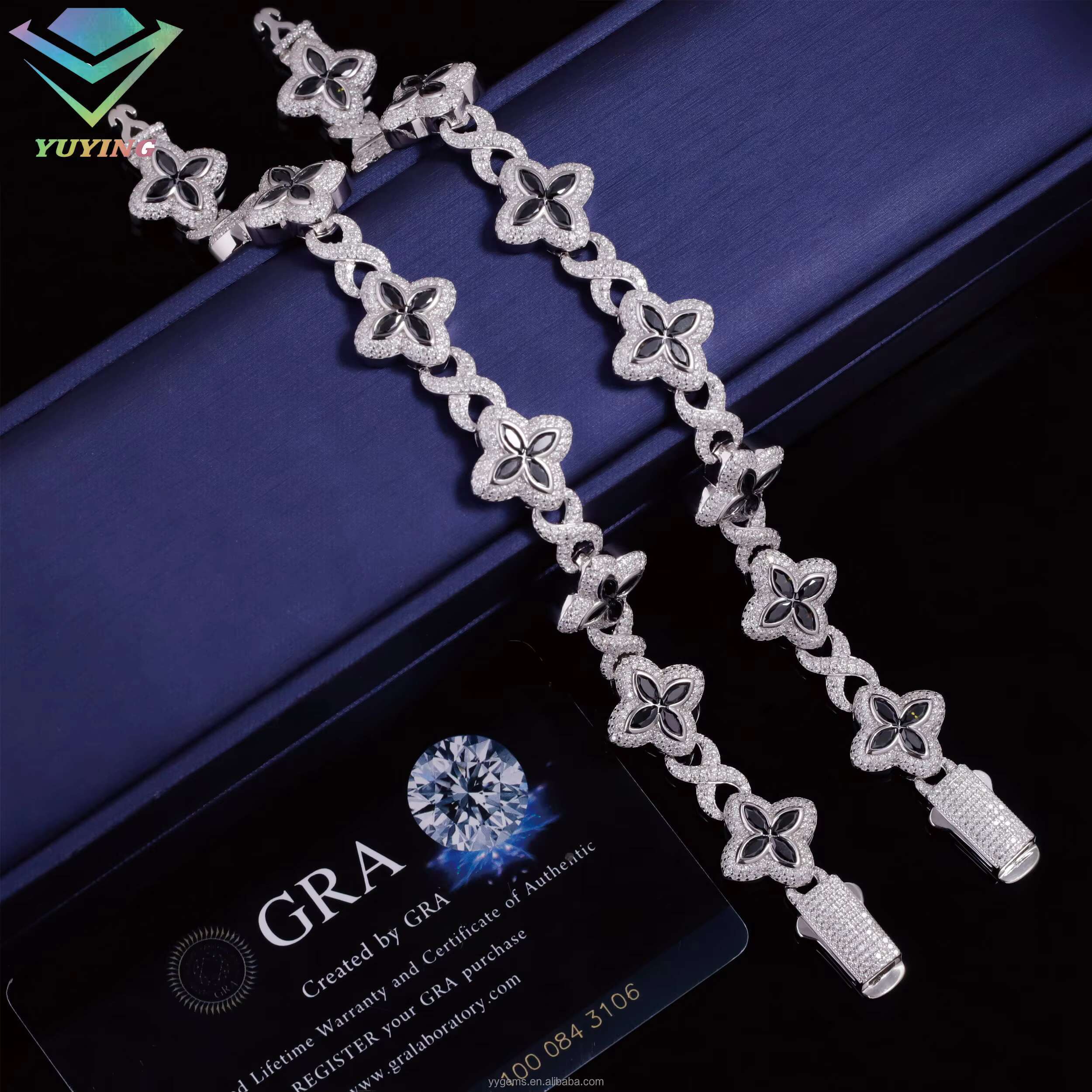 Clover Bracelet Infinity Link S925 Hip Hop Jewelry Colorful Moissanite Diamond Clover Fine Jewelry Cuban Chain