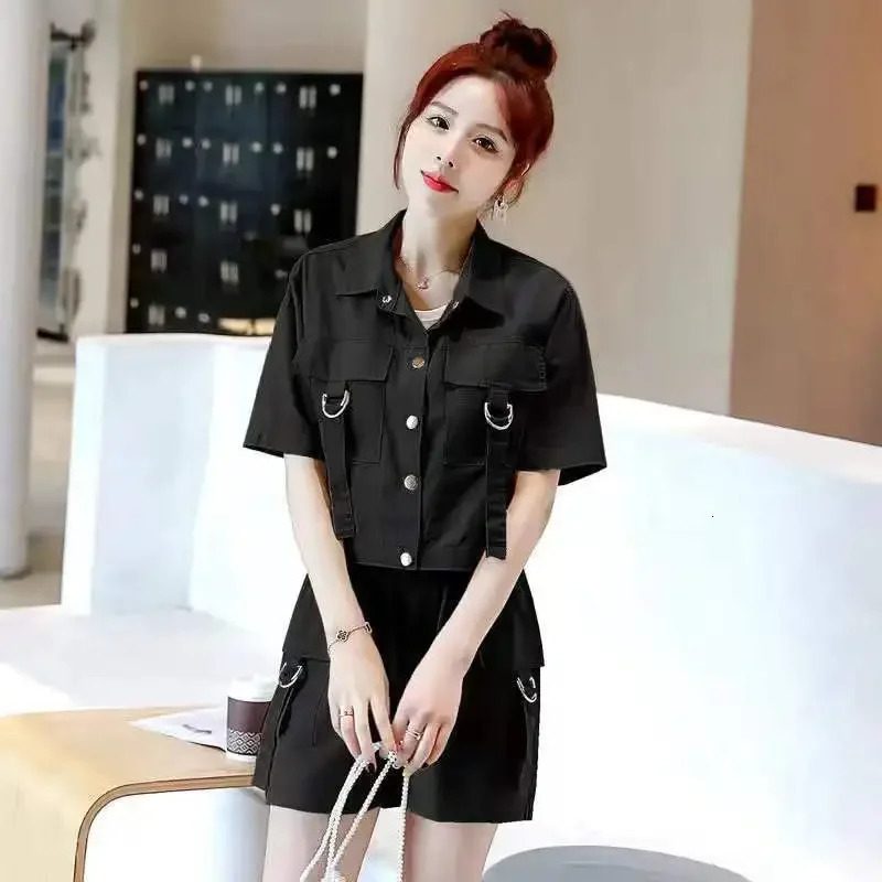 Womens Cropped Short Sleeve Lapel Jacket Summer Workwear Style Independent Station Shorts Trendy Casual Wear 250609