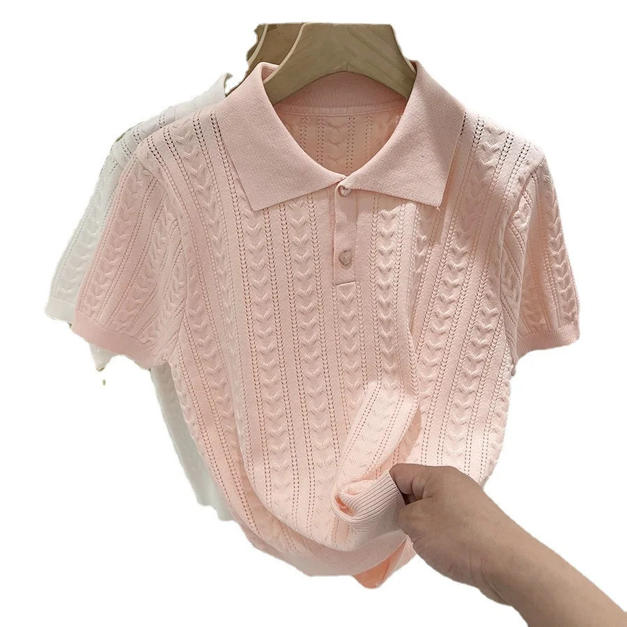 Summer Soft and Sticky POLO Collar Ice Silk Knitted Sweater for Women with A Niche Short Sleeved n and Thin Top 250609
