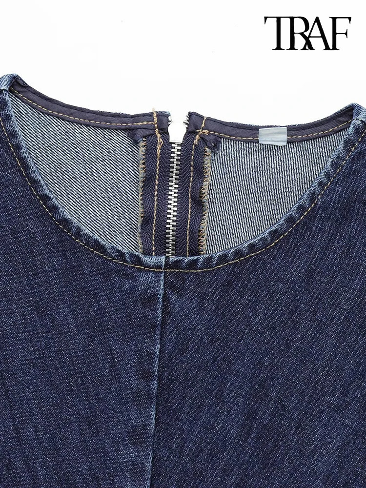 TRAF Womens Fashion Street Style Vintage Denim Mini Dress Simple Casual Solid Color Round Neck Waisted Back Zipper Dress 250609
