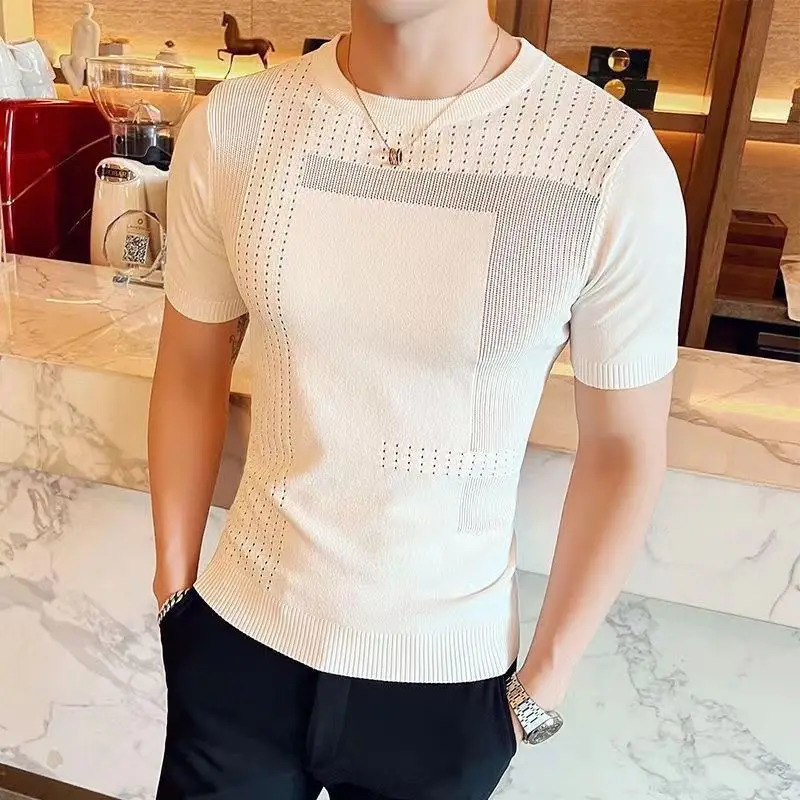Summer Round Neck Ice Silk Hollow Knitted Short-sleeved Base Thin Mens Trendy Half-sleeved T-shirt Breathable Knitted Sweater 250614
