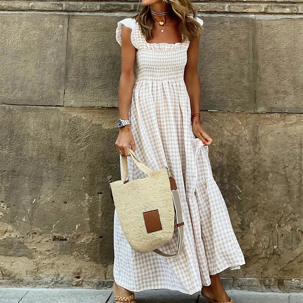 Womens Check Plaid Sleeveless Square Neck A-Line Maxi Dress Summer Ladies Casual Vacation Holiday Beach Sundress Size S-2XL 250613