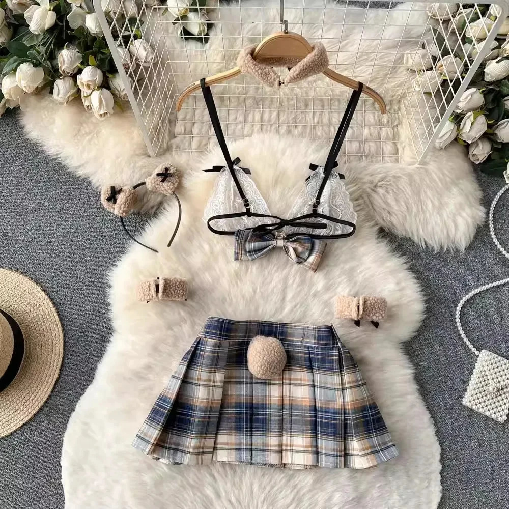 sweet 5 Pieces Sets Short Skirt Sailor Chic Womens Dress Sexy Pleated Suits Lace Bra Brief Plaid Mini Skirt Preppy Ins 250609