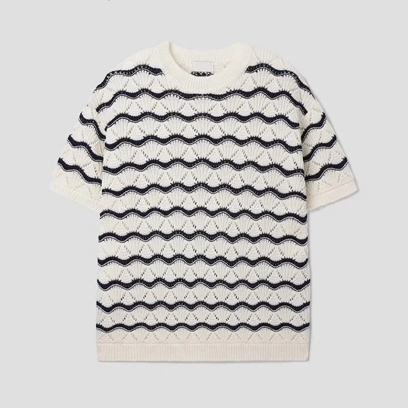 Summer Mens Knit Jacquard Short Sleeve T-shirts Striped Hollow Out Casual Tshirts Y2K Vintage Streetwear Tee Tops 250614