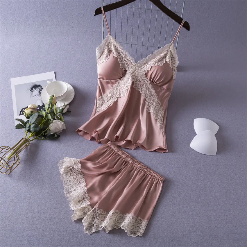 Daeyard Sexy Lace Lingerie Set for Women Silk Pajama Cami and Shorts 2 Pieces Pjs Nightwear Satin Sleepwear Home Clothing 250611