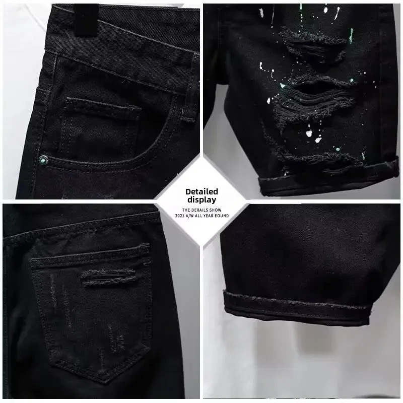 Trendy Mens Unique Hip Hop Black Denim Shorts Loose Fit Summer Style High Quality Cotton Pants With Distressed Details 250614
