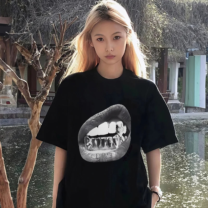 Funny Lips Print T-shirt Womens Summer 100% Cotton Short Sleeve Tee Hip Hop Streetwear Casual Y2k Top dames clothing 250613