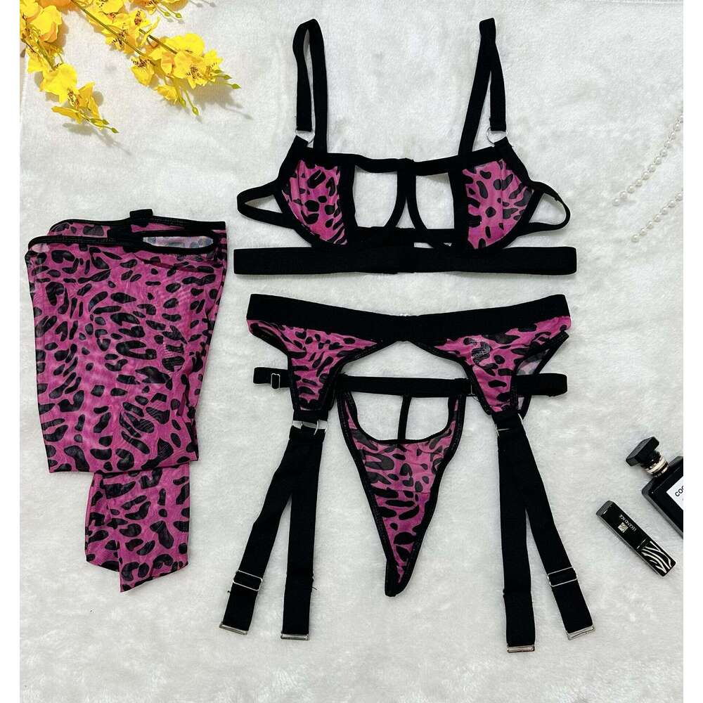 Spell Lingerie Porn Suits INS High End Wild Leopard Print Mesh Hollow Sexy Lingerie Four Piece Set With Long Stockings Sexy Lingerie