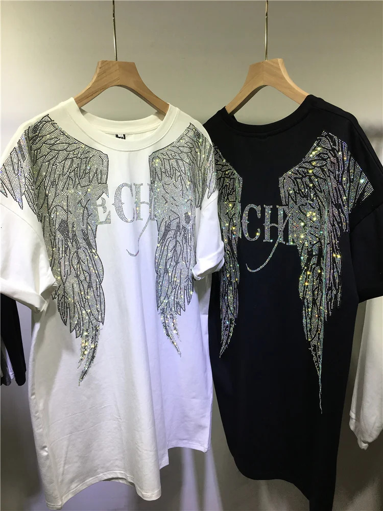 Big Size Rhinestone Wings T Shirt Plus Size Woman Clothes 150 KG Cool Streetwear Y2K Black White T-shirt Top Summer 250614