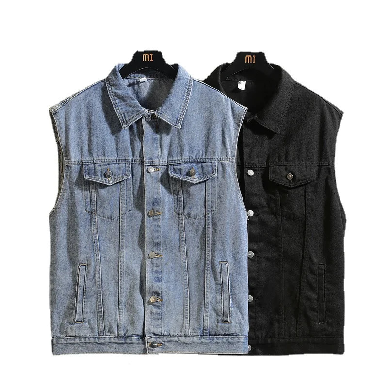 Mens Spring/Summer Autumn Denim Vest Jacket Teenagers Black Leisure Hooded Vests Coat Plus Size Waistcoat M-5XL 250614
