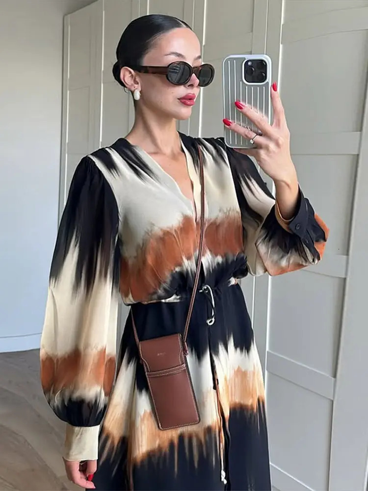 Women Print Full Sleeves V-neck Dresses Casual High Street Loose Thin Lace Up Split Maxi Vestido Summer Elegant Fashion Robe 250613