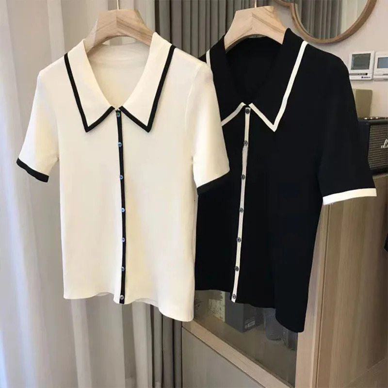 Women Fashion Black White Patchwork Polo Shirts Summer Casual Loose Short Sleeve Knit T-shirt Office Lady Chic Button Pullovers 250609