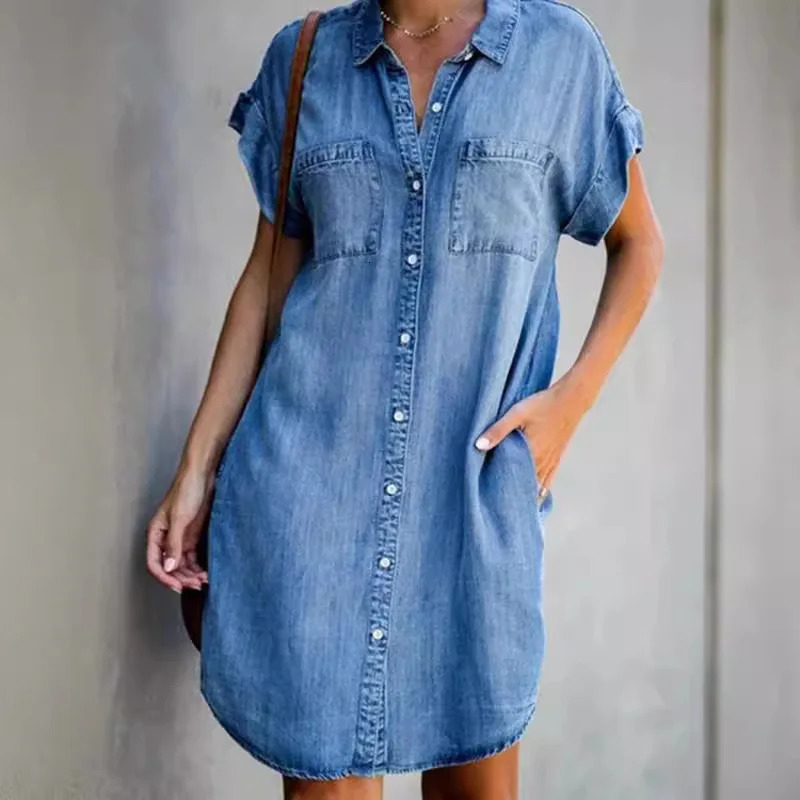 Commute Single Breasted Denim Shirt Dress for Women Elegant Short-sleeved Slim-fit Denim Dress Harajuku Summer Lapel Party Dress 250609