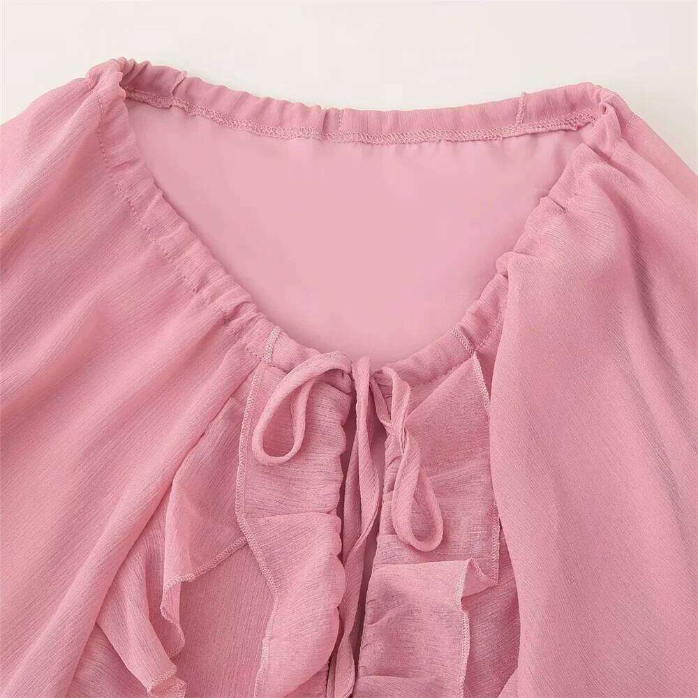 Women's Temperament Layered Ruffle Edge Lace Up Chiffon Dress Summer New V-Neck Sleeved Loose Long Skirt