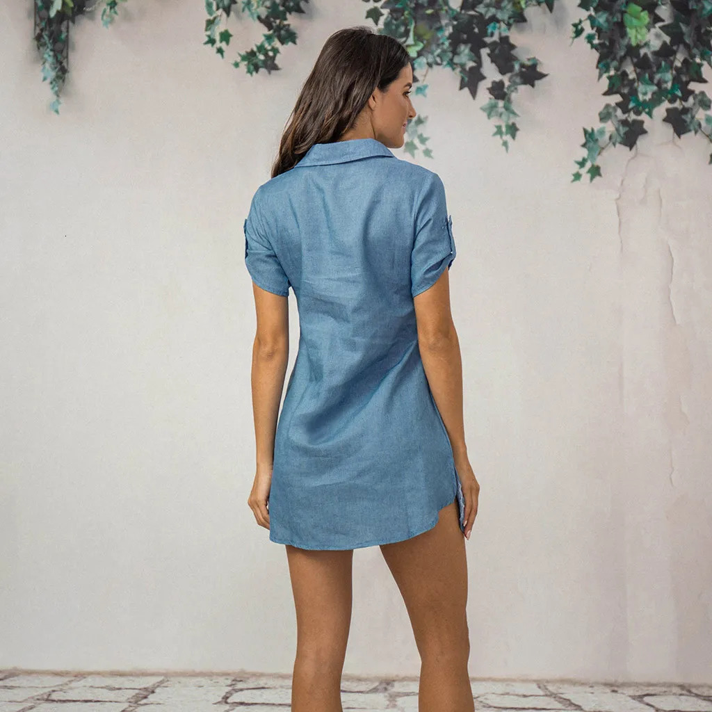 Summer Womens Denim Dress Solid Button Down Short Sleeve Dress Lapel Side Slit Casual Blouses Tops Female Streetwear Dresses 250609