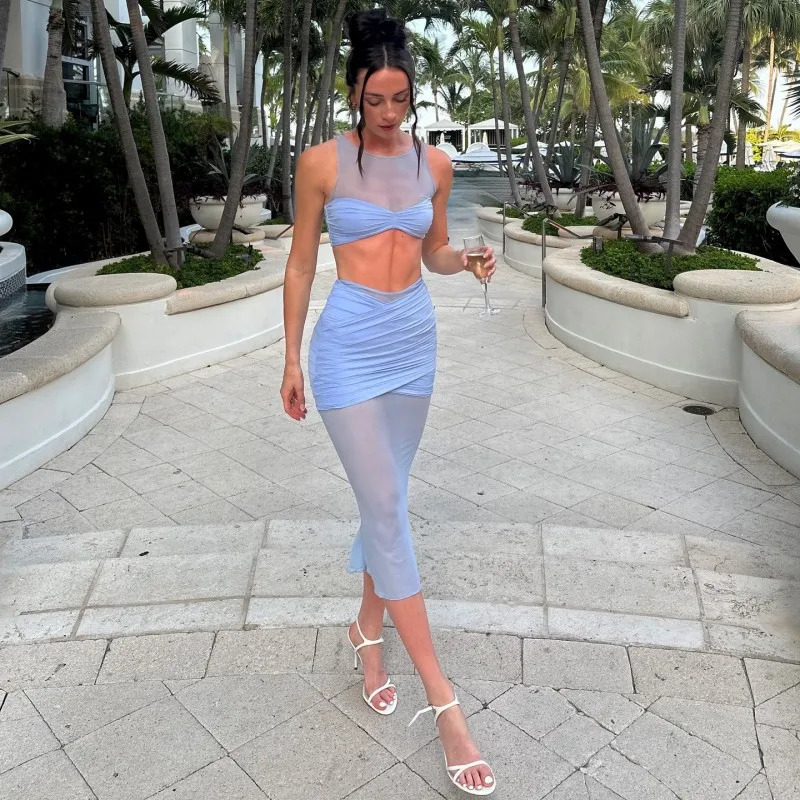 2024 Summer Solid Color Sleeveless Mesh Splicing Short Tank Top High Waist Long Dress Womens Set 250609