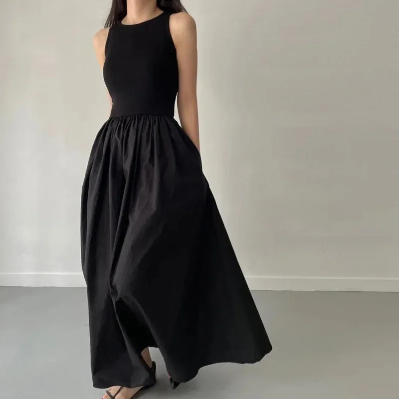 Summer Simple Elegant Black Long Dresses For Women Round Neck Sleeveless High Waist Temperament Female Fashion Style Dress 250611