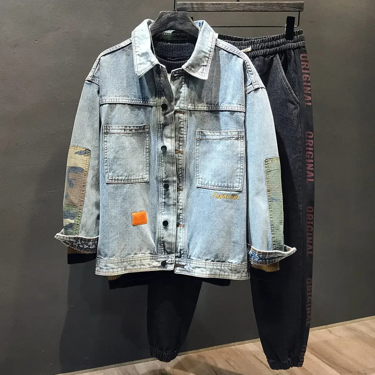 Jeans Coat for Men Wide Sleeves Black Denim Jackets Man Cargo Camouflage Fashion Big Size in One Piece Washed G Vintage L S 250614