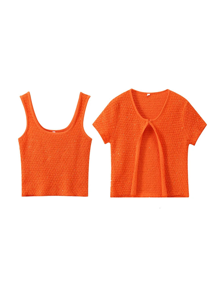 Knit Sequined Vest Sweater For Women Short Sleeve Oneck Cardigan Sleeveelss Top 2025 Summer Fashion Elegant Lady Solid Knitwear 250613