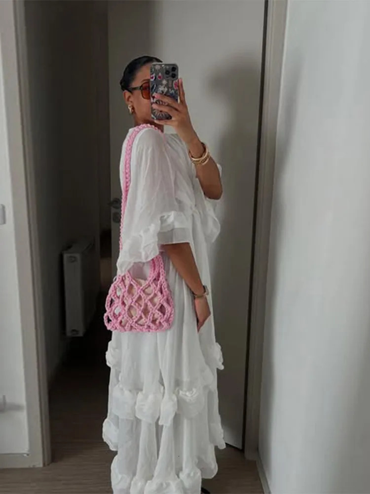 Solid Patchwork Ruffle Hem Loose Dress Chic V-neck Half Sleeve High Waist Long Dresses Female Summer Daily Commute Gowns 250613