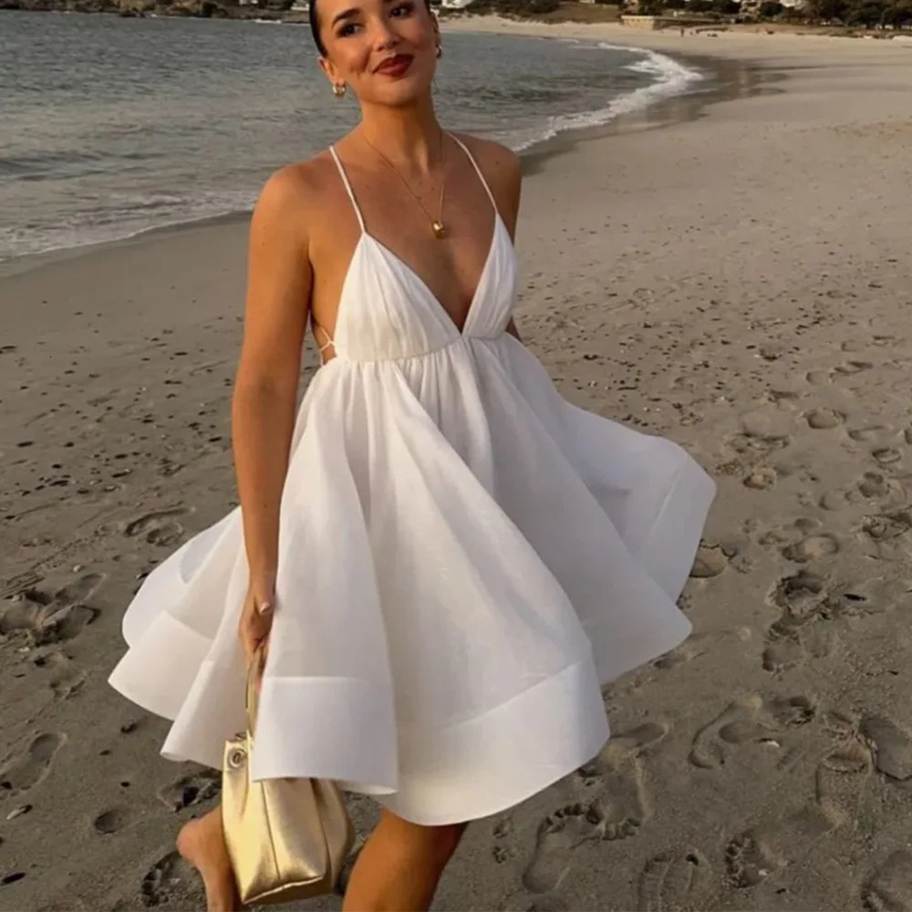 VEITCHE Summer Sexy Backless Women Dress Laceup Loose Pleated Hem Mini Sleeveless High Waist Vacation Party Dress 250611