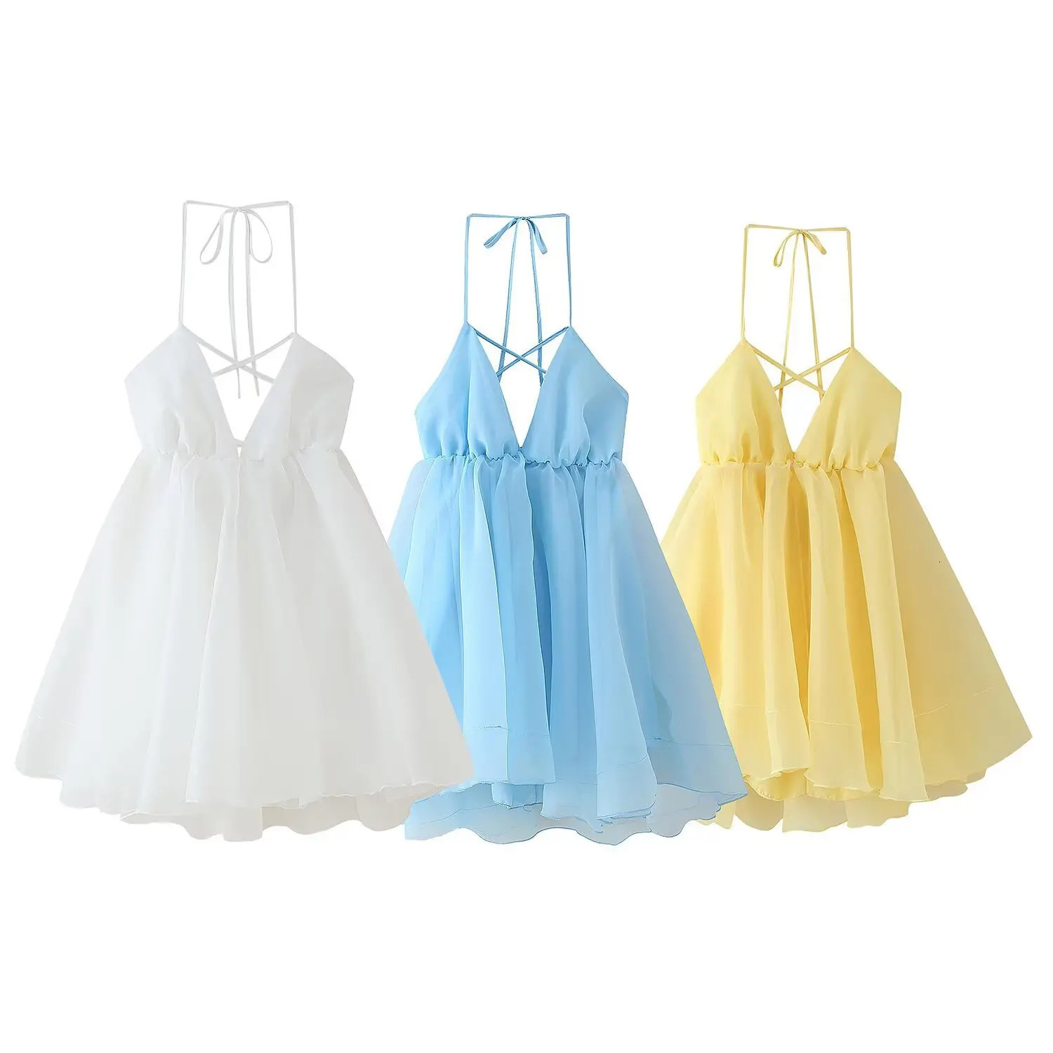 VEITCHE Summer Sexy Backless Women Dress Laceup Loose Pleated Hem Mini Sleeveless High Waist Vacation Party Dress 250611