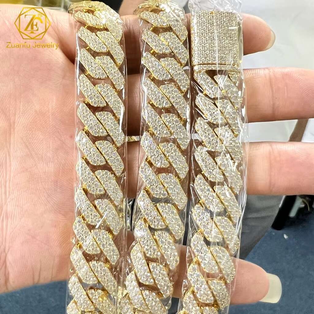 Miami Hip Hop Jewelry Gold Plated 16mm Cuban Chain Iced Prong Iced Setting Necklace with CZ Diamond Prong for Gift