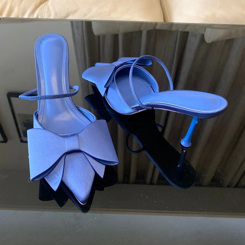 Fashion Bow knot High Heels Sandals Women 2024 Summer Slingback Pumps Vintage Satin Pointed Toe Heeled Elegant Party Lady Shoes 250613