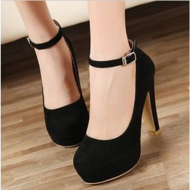Large Size 42 Sexy Super High Heels Shoes for Women Ankle Buckle Chunky Platform Pumps Woman Black Flock Square Heel Party Shoes 250614