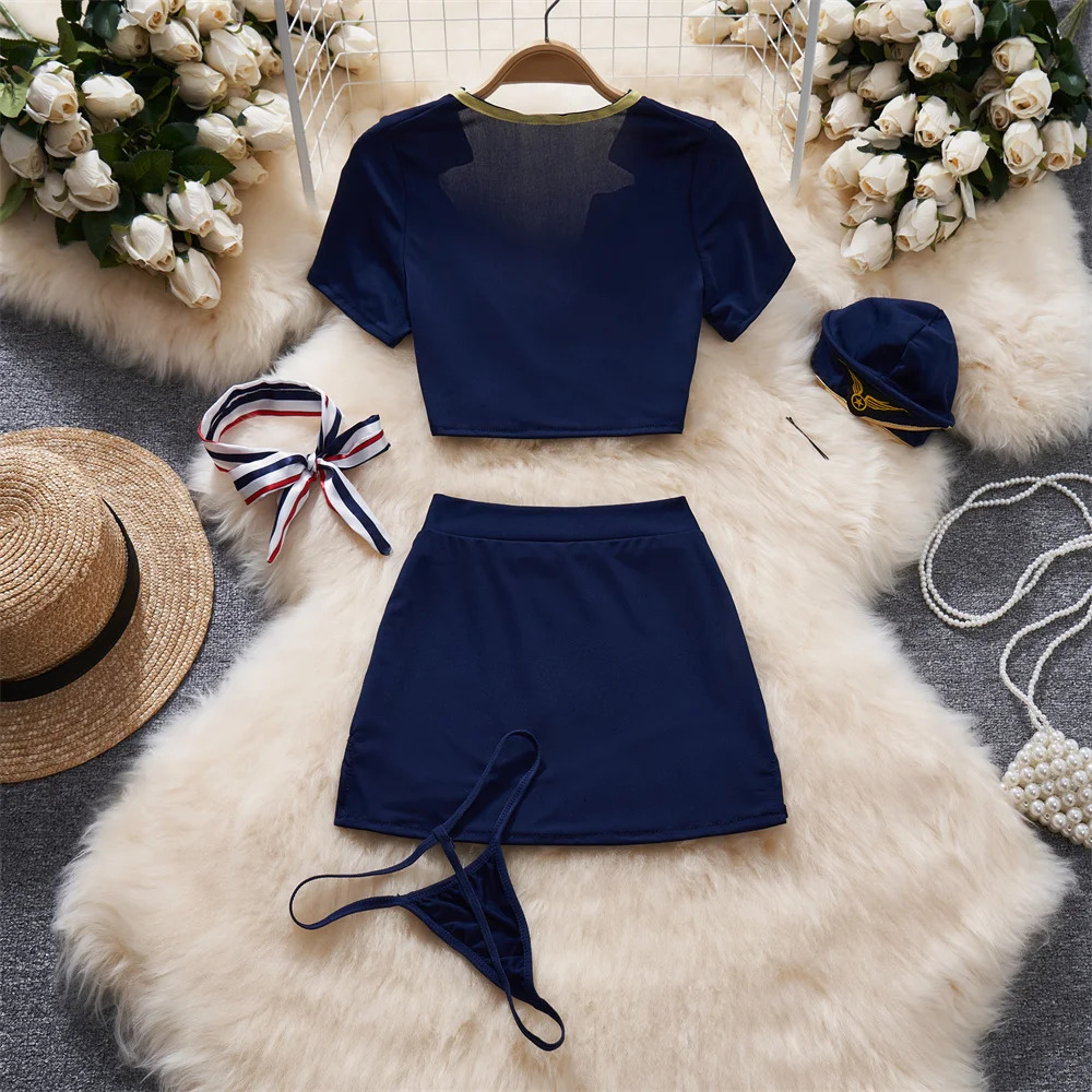 Irregular Short Sleeve Slim Crop Top Elastic Waist ALine Short Skirt Set Erotic Lingerie Cosplay Womens Secret Clothes Pajamas 250609