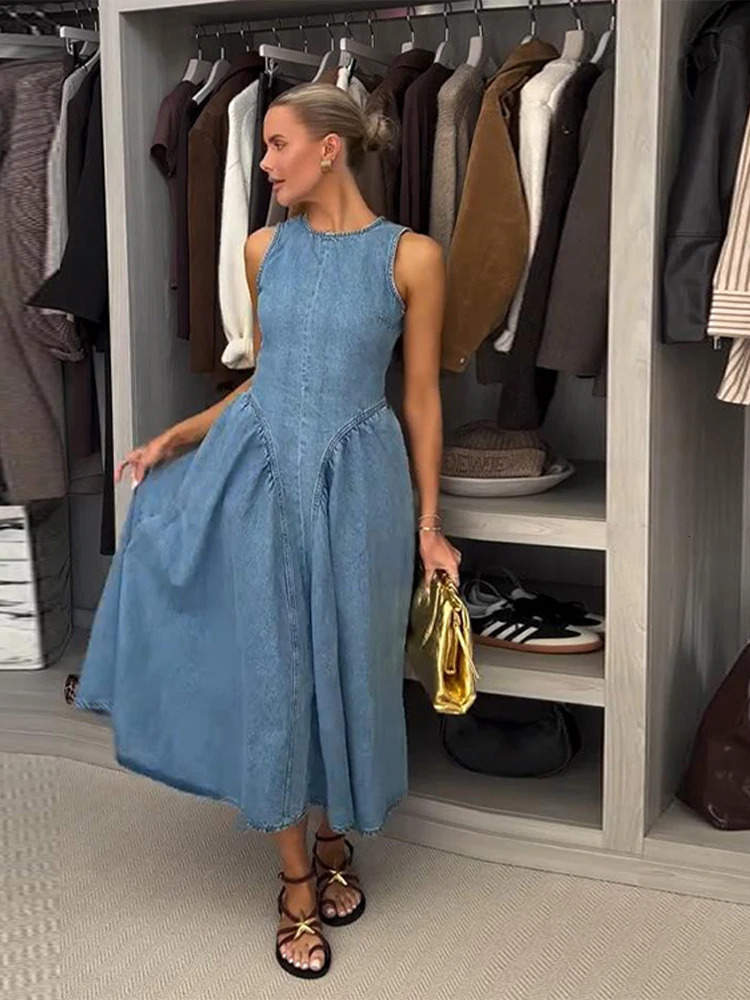 Chic Backless Pleated Female Denim Midi Dress Fashion Sleeveless Dresses for Women Summer Vintage High Waist Lady Long Vestidos 250613