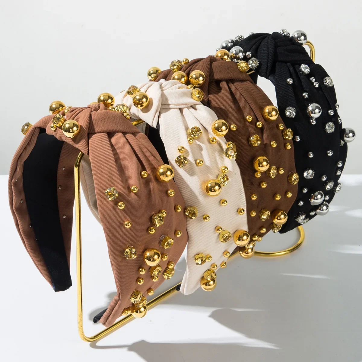 Korean Fashion Simple Gold Beads Diamond Knotted Headband Temperament Versatile High-end Hair Accessories 250610