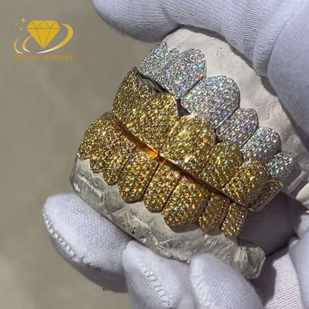 HipHop Jewelry Moissanite Grillz 10 Top 10 Bottom Invisible Set 925 Silver White Gold Plated Iced Out Mossanite Grillz for Teeth