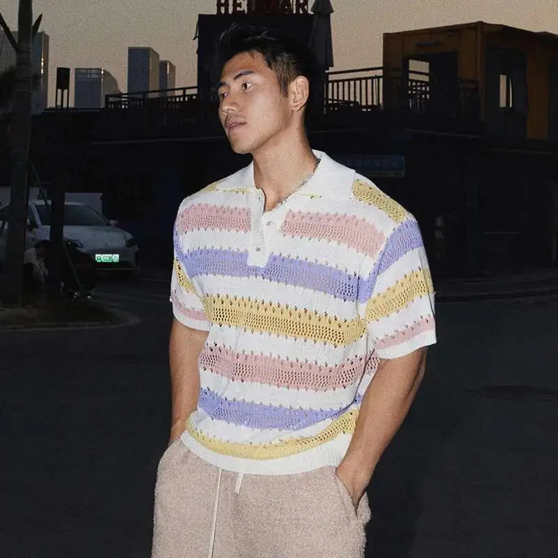 FEWQ Summer Mens T-shirts Lapel Hollow Out Colorful Striped Button Short Sleeved Niche Male Tees Vintage 24K3129 250614
