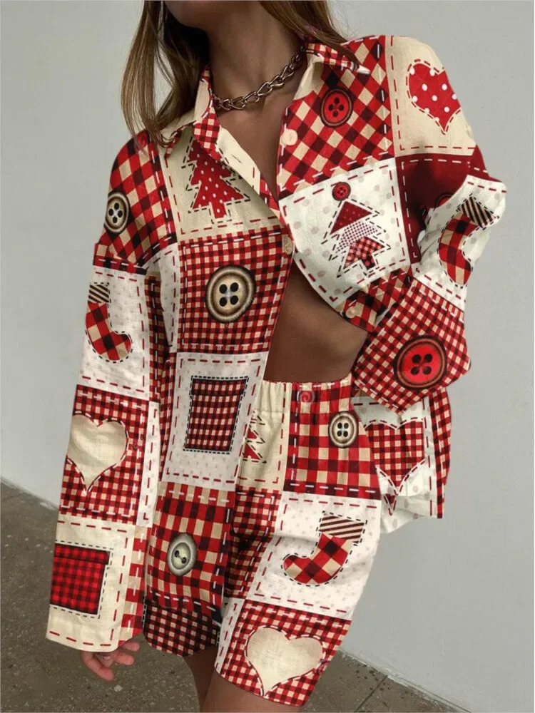 2025 Summer Vacation Style Pattern Print 2Piece Set Lapel ShirtLaceup Short Pants Sets For Womens Outfit Beach Holiday 250612