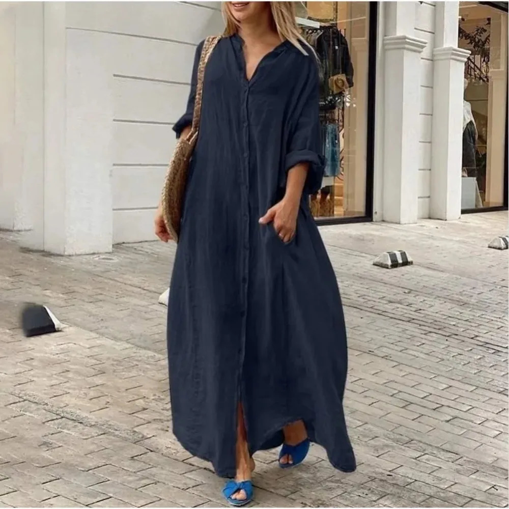 Womens L5XL Plus Size Oversized Summer Casual Loose Pocket Flip Collar Long Dress Solid Color Button Oversized 250611