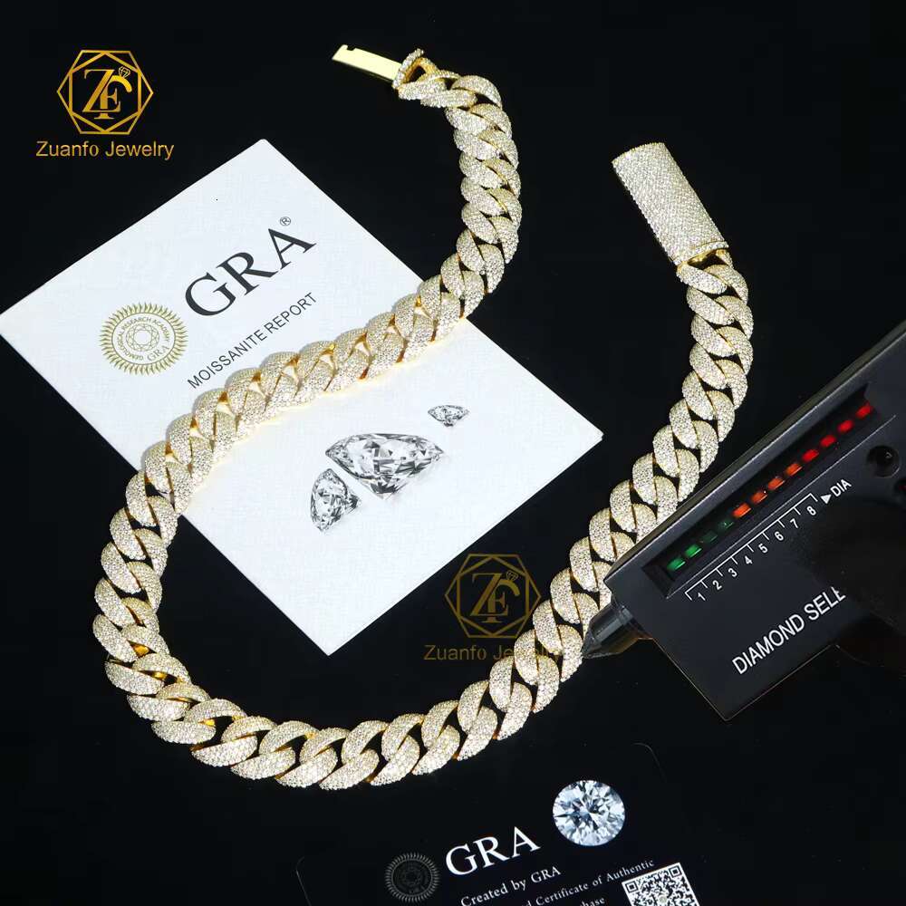 Luxury Mens Hiphop Jewelry 15mm 20inches D VVS1 Miami Cuban Chain Ice Out 4Rows 925 Silver Moissanite Cuban Link Chain