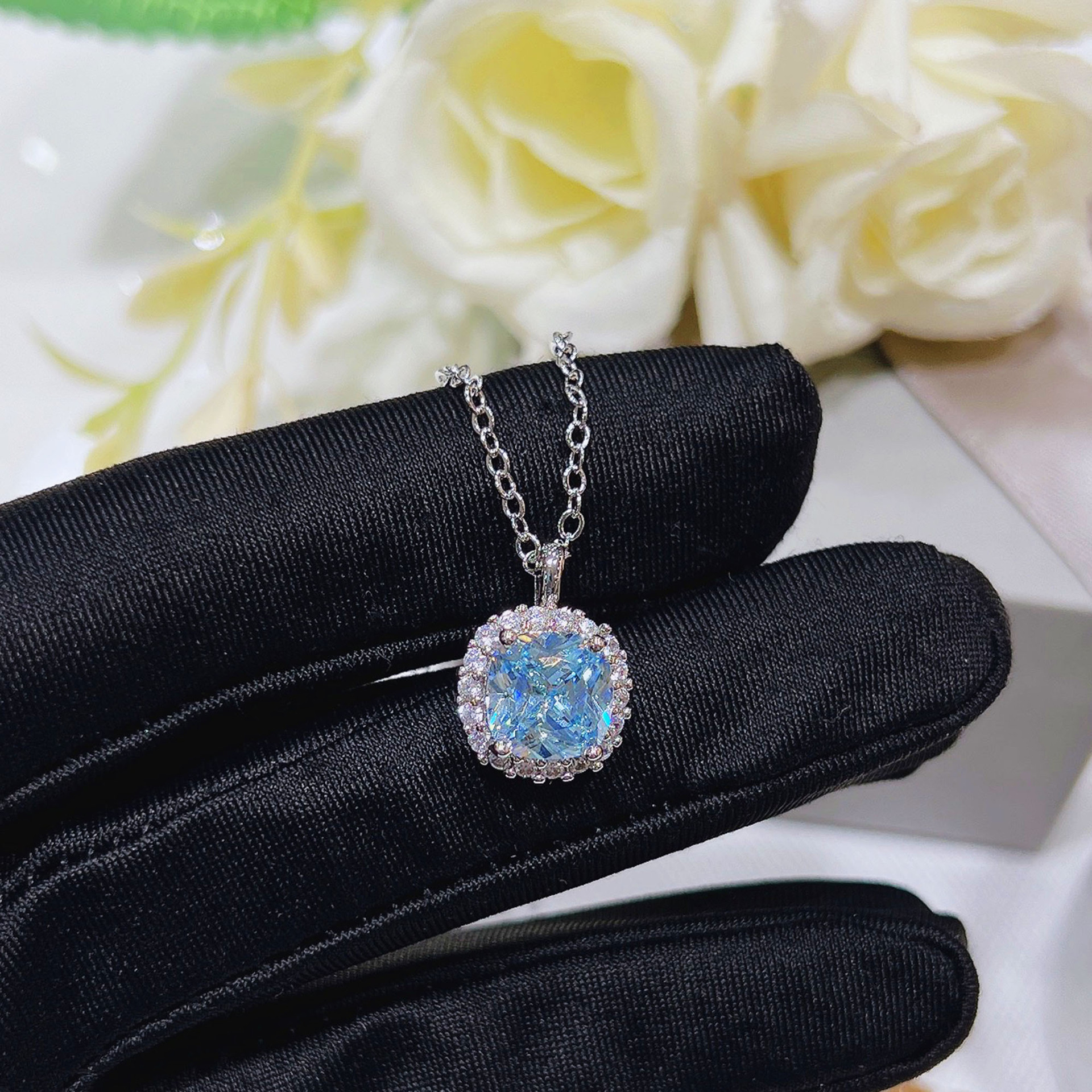 Choucong Luxury Jewelry Square Pendant 925 Sterling Silver Fill Cushion Shape Aquamarine CZ Diamond Gemstones Sparkling Women Wedding Beach Clavicle N