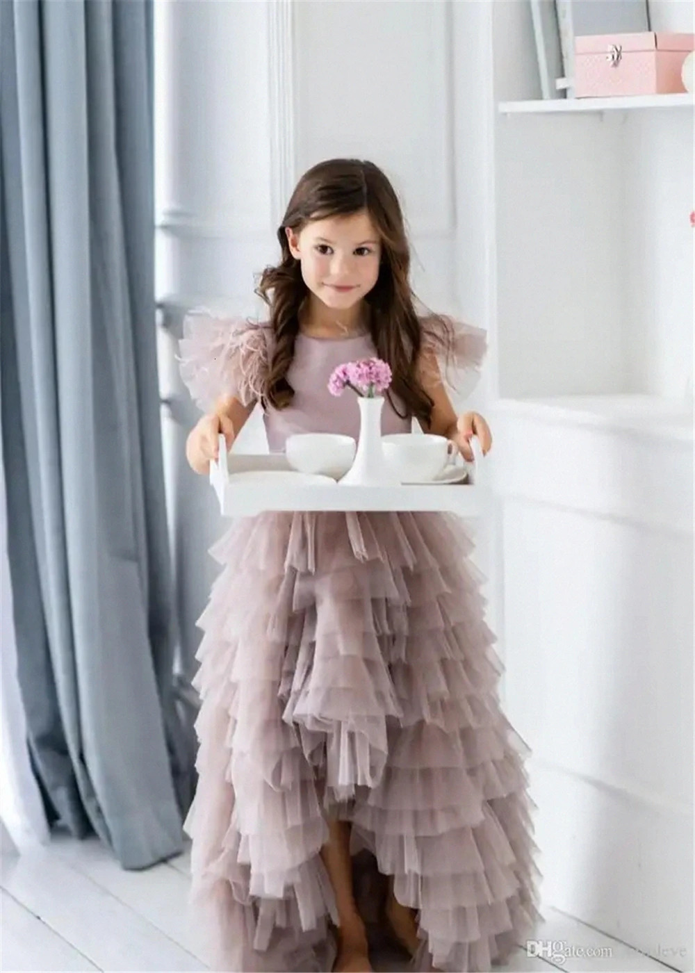 Kids Surprise Birthday Present Lovely Tulle Lace Printed Feather Flower Girl Dress Princess Ball First Communion Dresses 250614