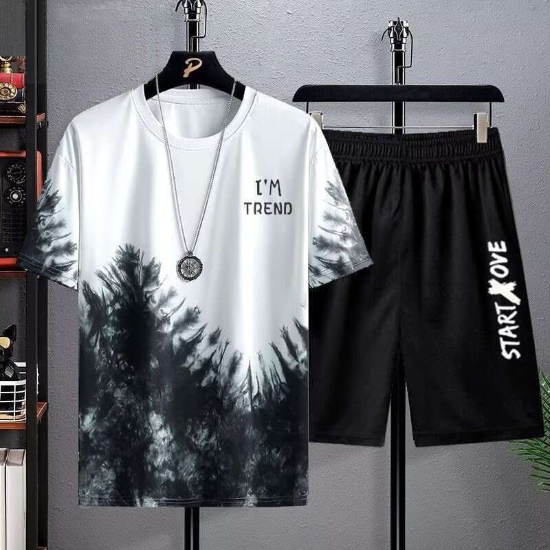 Trendy Printed Short Sleeve T-Shirt Summer New Men's Casual Set Plus Size Shorts Sports Outdoor Two-Piece