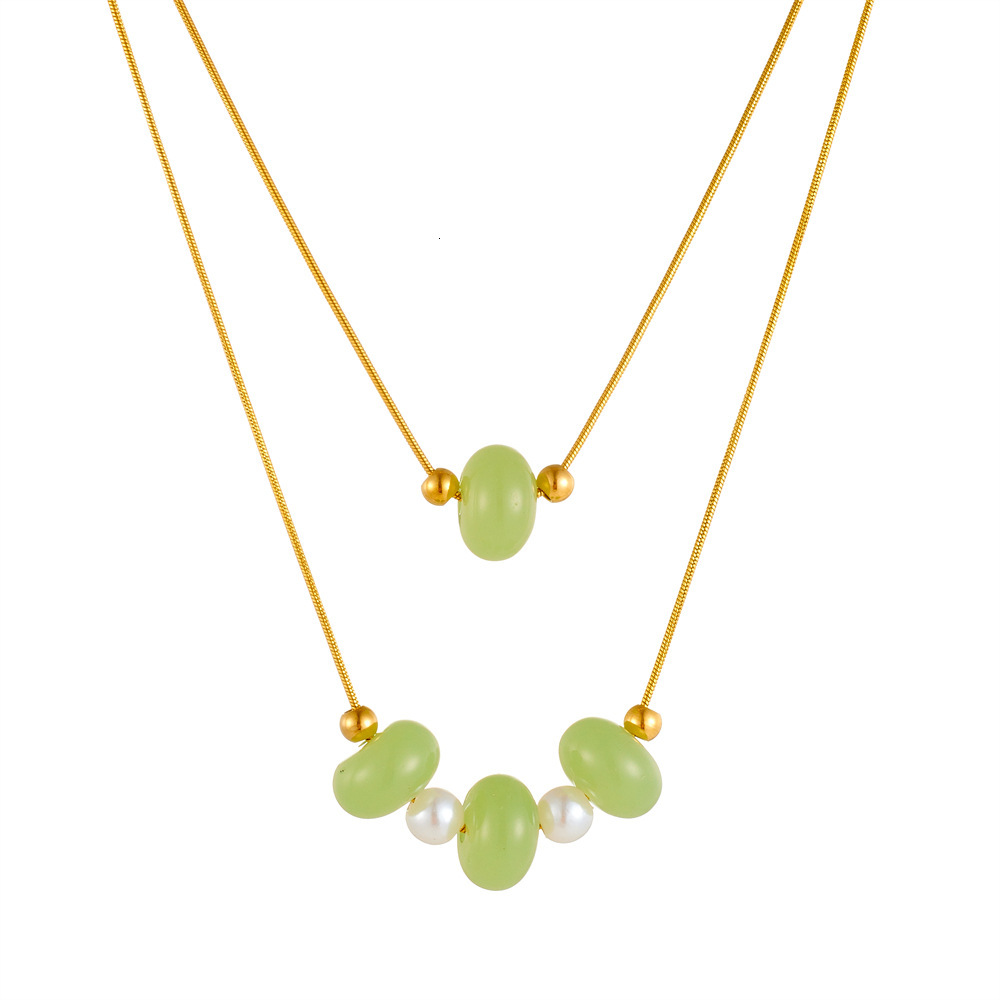 Light Fashion Simple Personality Versatile Pearl Jade Double Layer Stacked Necklace for Women Titanium Steel Non-Fading Jewelry